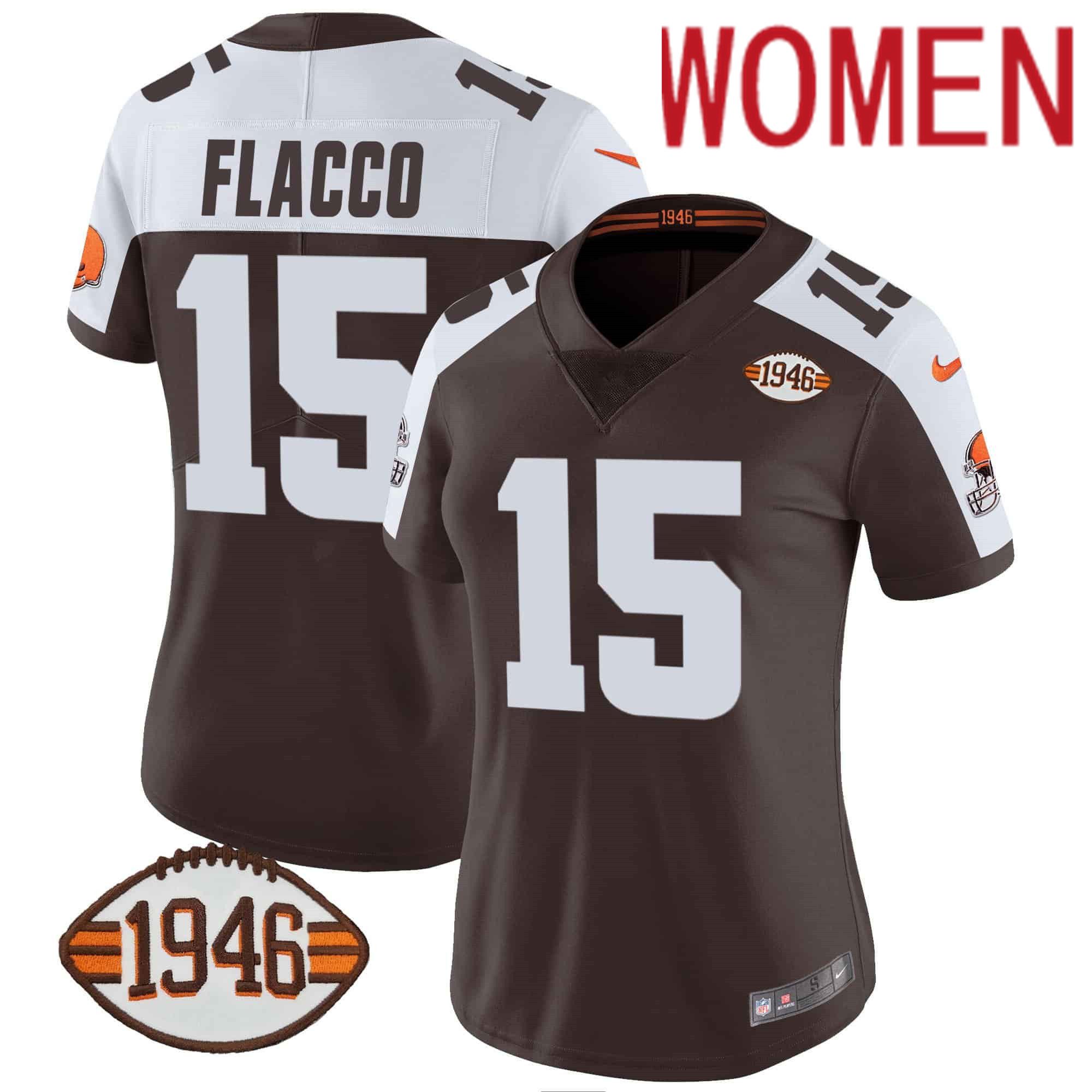 Women Cleveland Browns #15 Flacco Brown 1946 75th Anniversary Patch 2024 Nike NFL Jersey->women nfl jersey->Women Jersey
